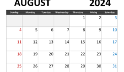 Printable August 2024 Calendar with lines A8343