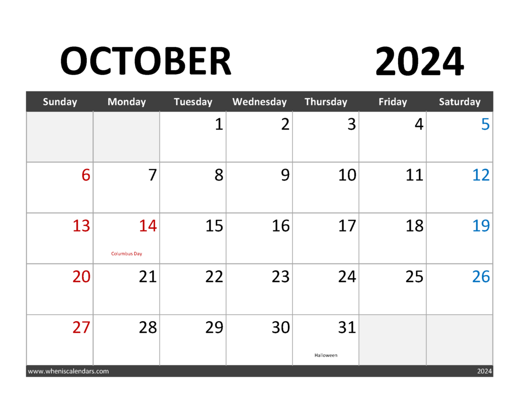 Download October 2024 Calendar to print Letter Horizontal 104063
