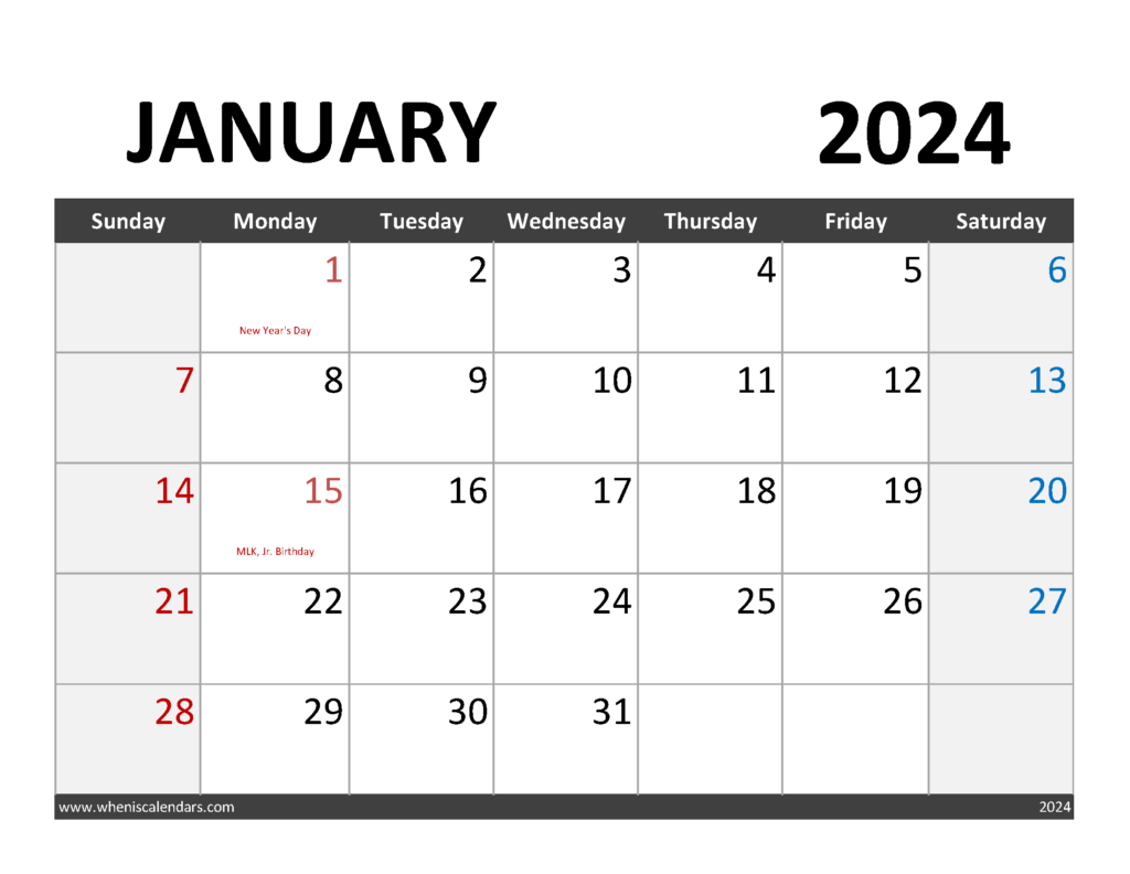 Download editable Calendar January 2024 Letter Horizontal J4064