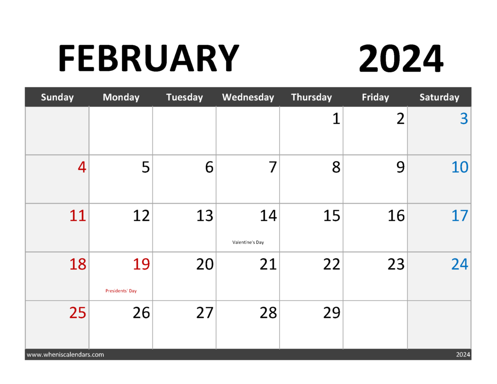 Download editable Calendar February 2024 Letter Horizontal 24064