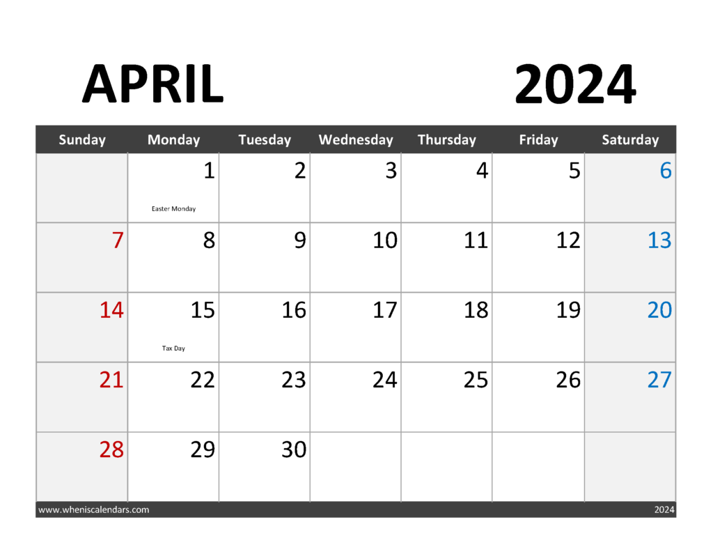 Download editable Calendar April 2024 Letter Horizontal 44064
