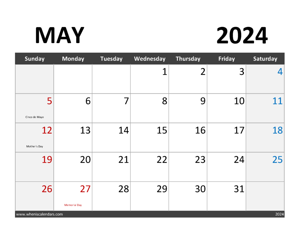 Download editable Calendar May 2024 Letter Horizontal 54064