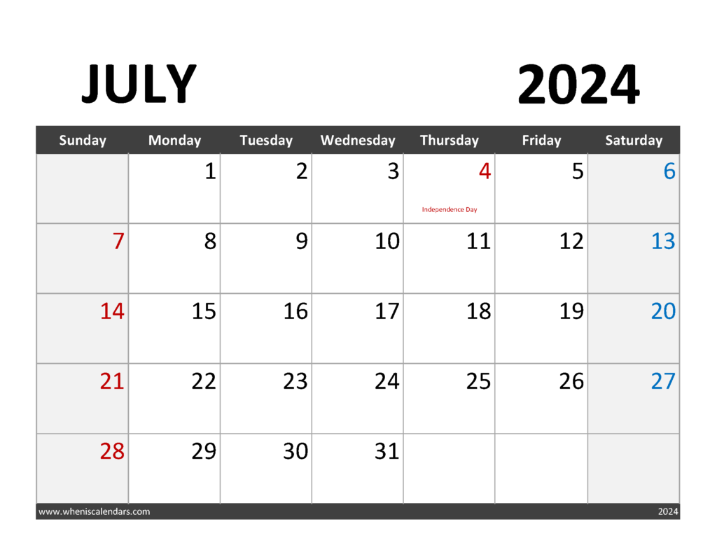 Download editable Calendar July 2024 Letter Horizontal 74064