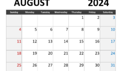 Blank Calendar for Aug 2024 A8344