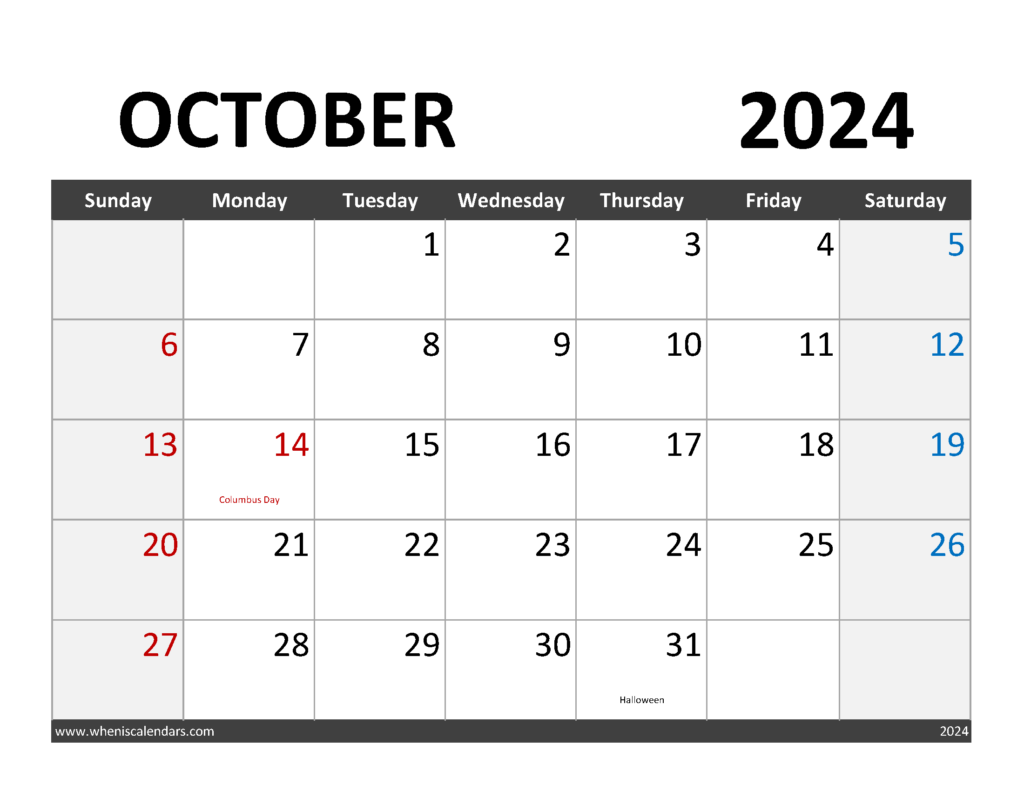 Download editable Calendar October 2024 Letter Horizontal 104064