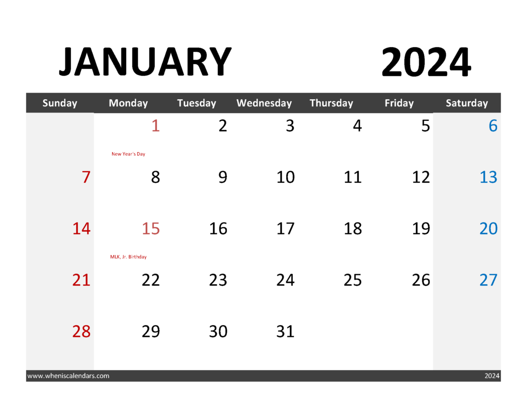 Download Blank January 2024 Calendar Free Printable Letter Horizontal J4065