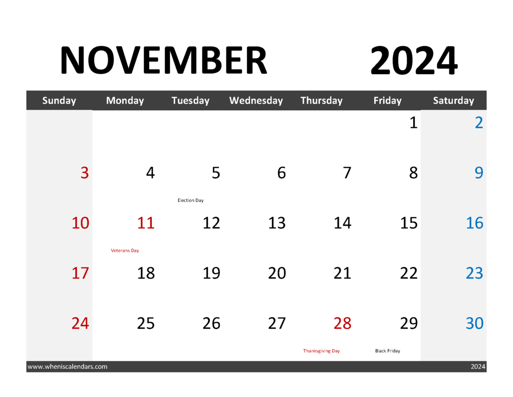 Download Blank November 2024 Calendar Free Printable Letter Horizontal 114065