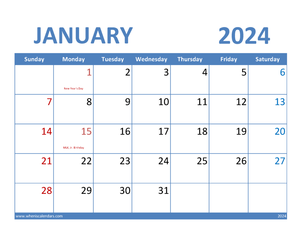 Download January 2024 Calendar Blank Letter Horizontal J4066