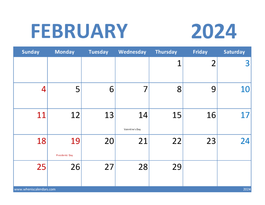 Download February 2024 Calendar Blank Letter Horizontal 24066