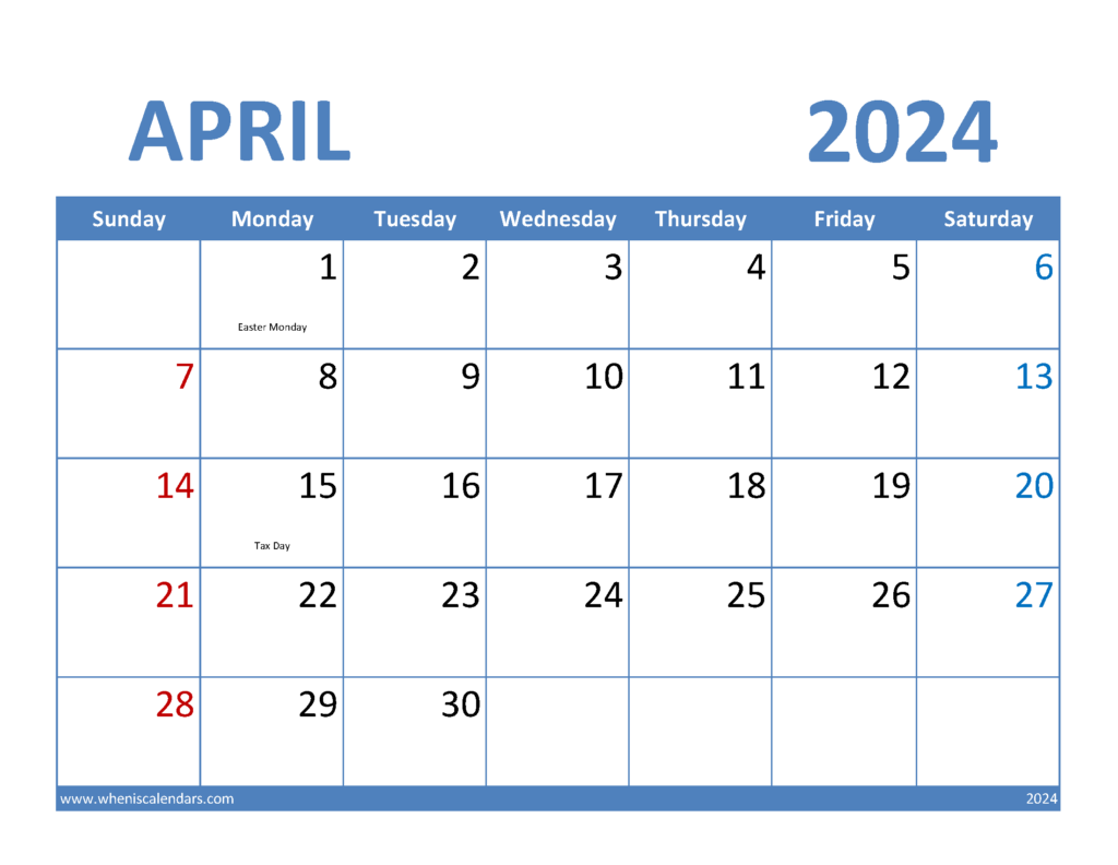 Download April 2024 Calendar Blank Letter Horizontal 44066