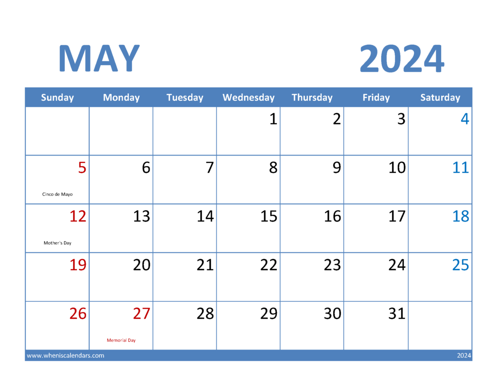 Download May 2024 Calendar Blank Letter Horizontal 54066