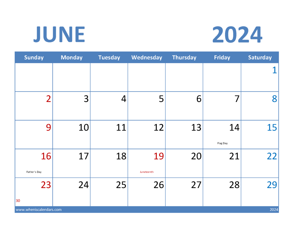 Download June 2024 Calendar Blank Letter Horizontal 64066