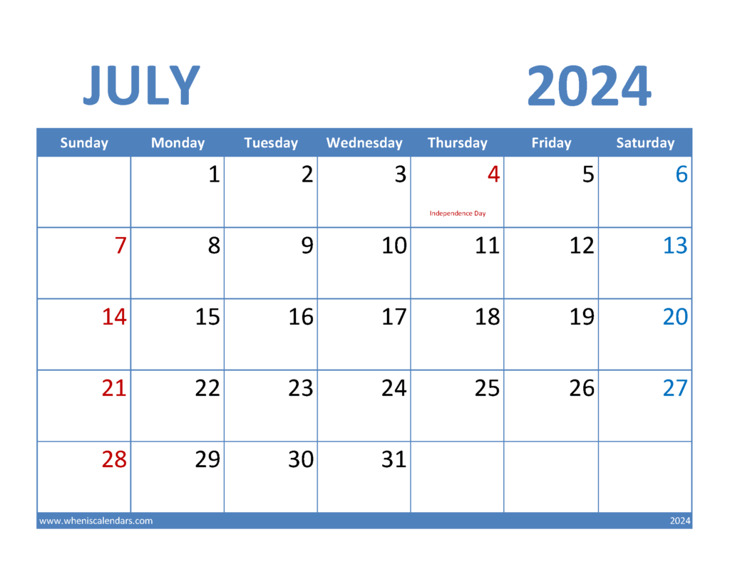 Download July 2024 Calendar Blank Letter Horizontal 74066