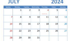 Free 2024 July Printable Calendar J7346