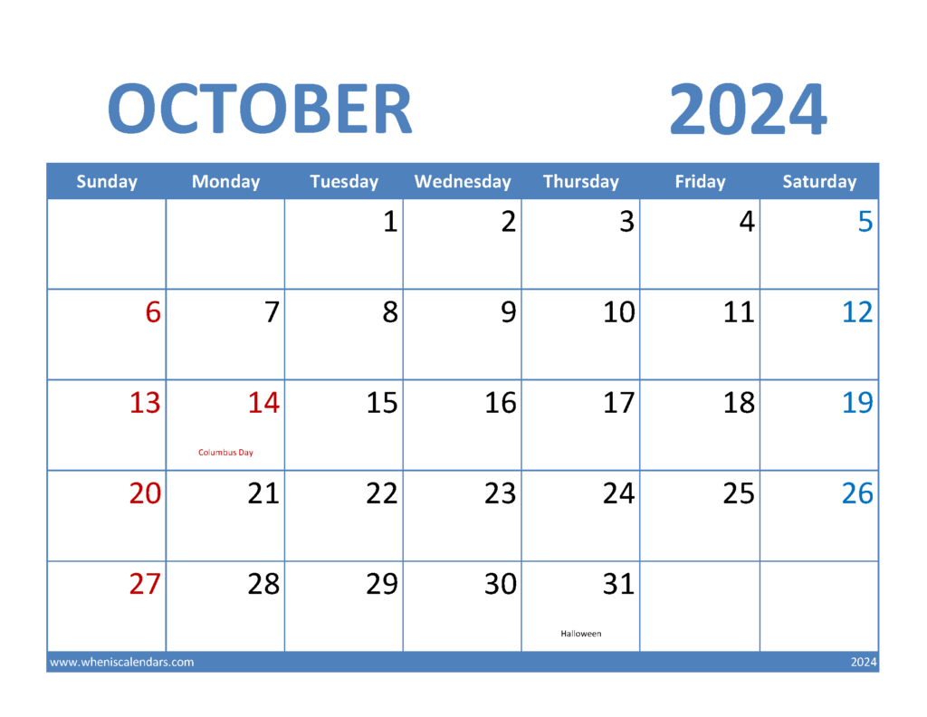 Download October 2024 Calendar Blank Letter Horizontal 104066
