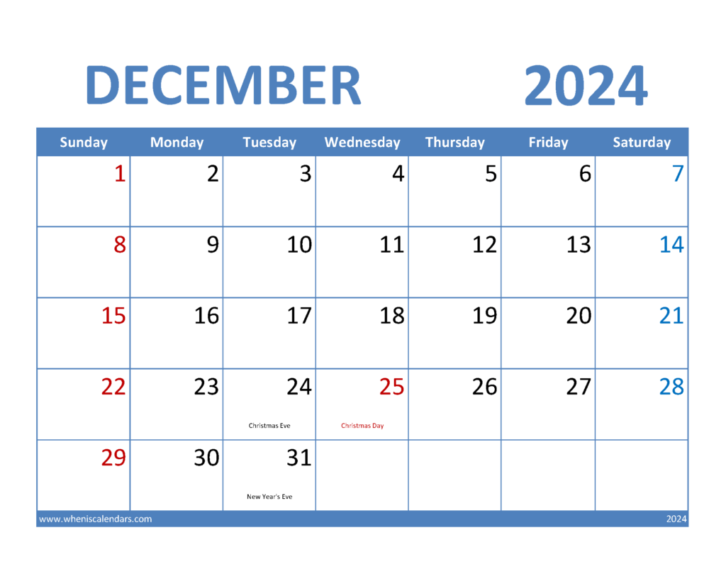 Download December 2024 Calendar Blank Letter Horizontal 124066