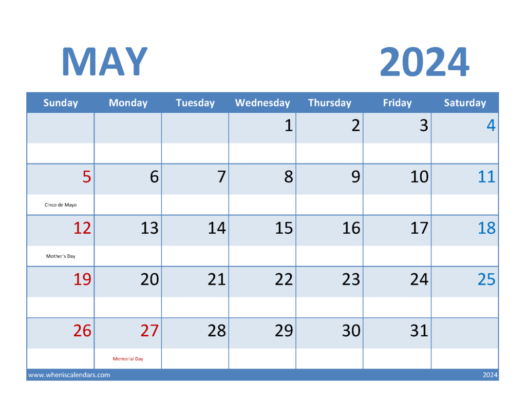 Download Blank May 2024 Calendar Letter Horizontal 54067
