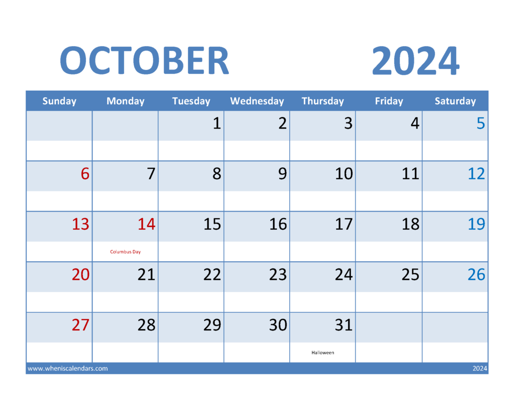Download Blank Oct 2024 Calendar Letter Horizontal 104067