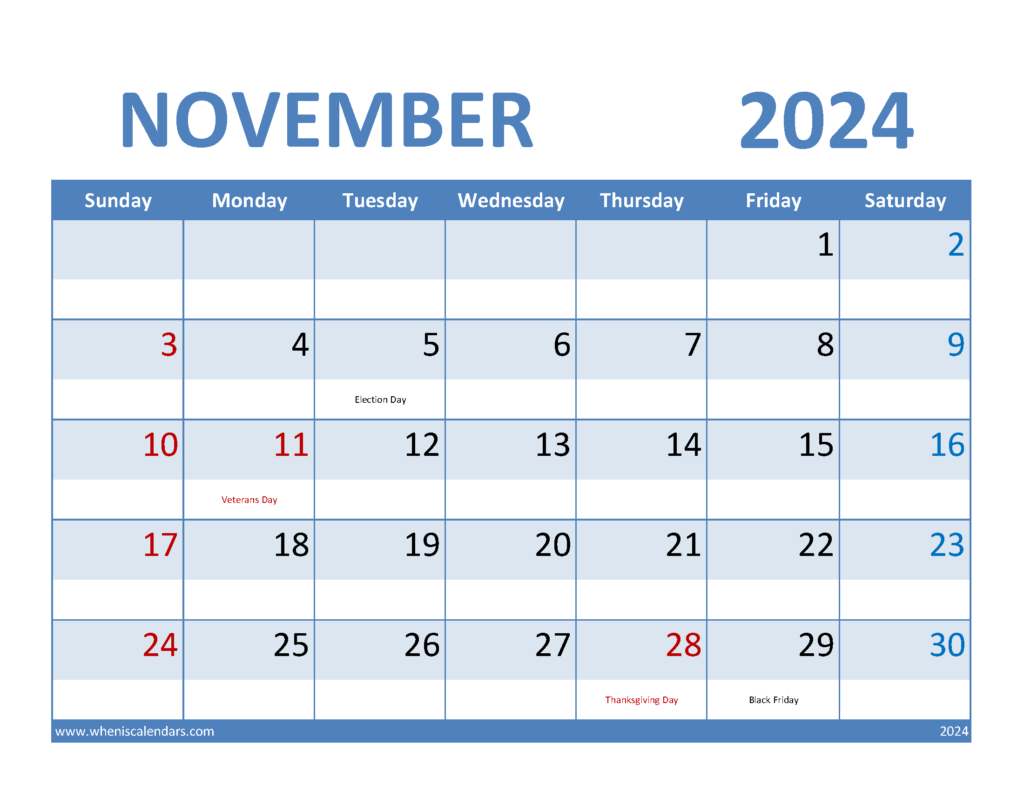 Download Blank Nov 2024 Calendar Letter Horizontal 114067