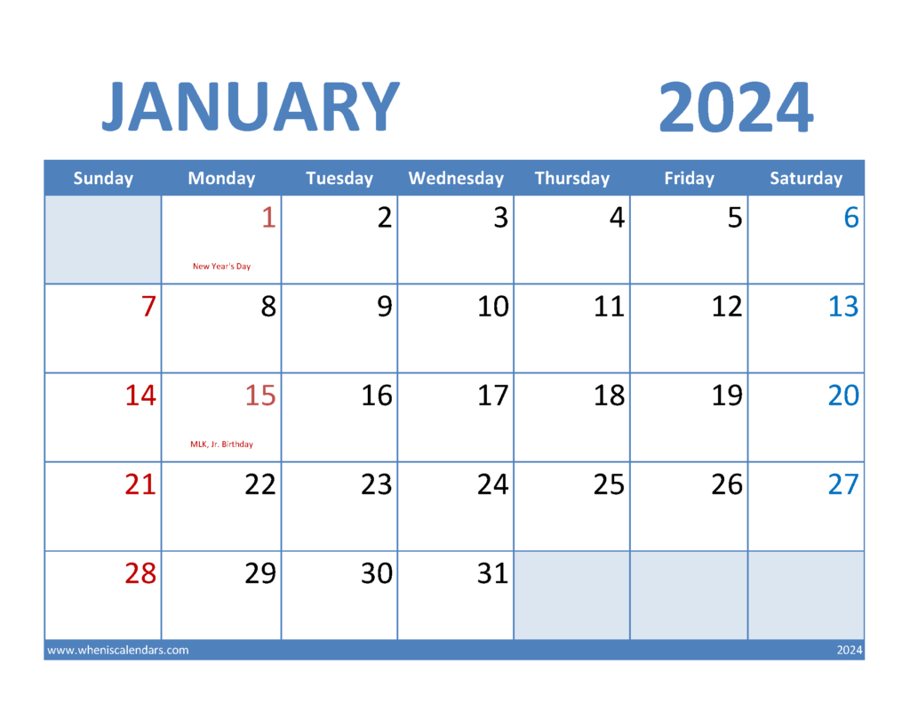 Download January 2024 monthly Calendar Printable Letter Horizontal J4068
