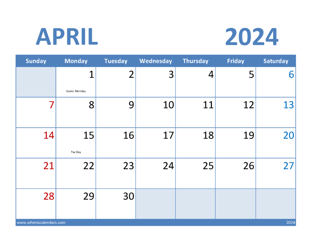 Download April 2024 monthly Calendar Printable Letter Horizontal 44068