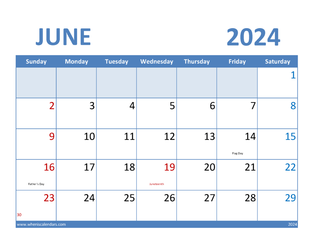 Download June 2024 monthly Calendar Printable Letter Horizontal 64068