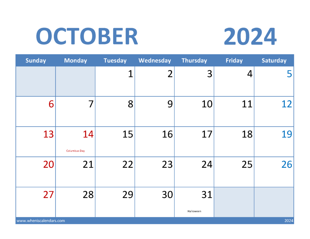 Download October 2024 monthly Calendar Printable Letter Horizontal 104068
