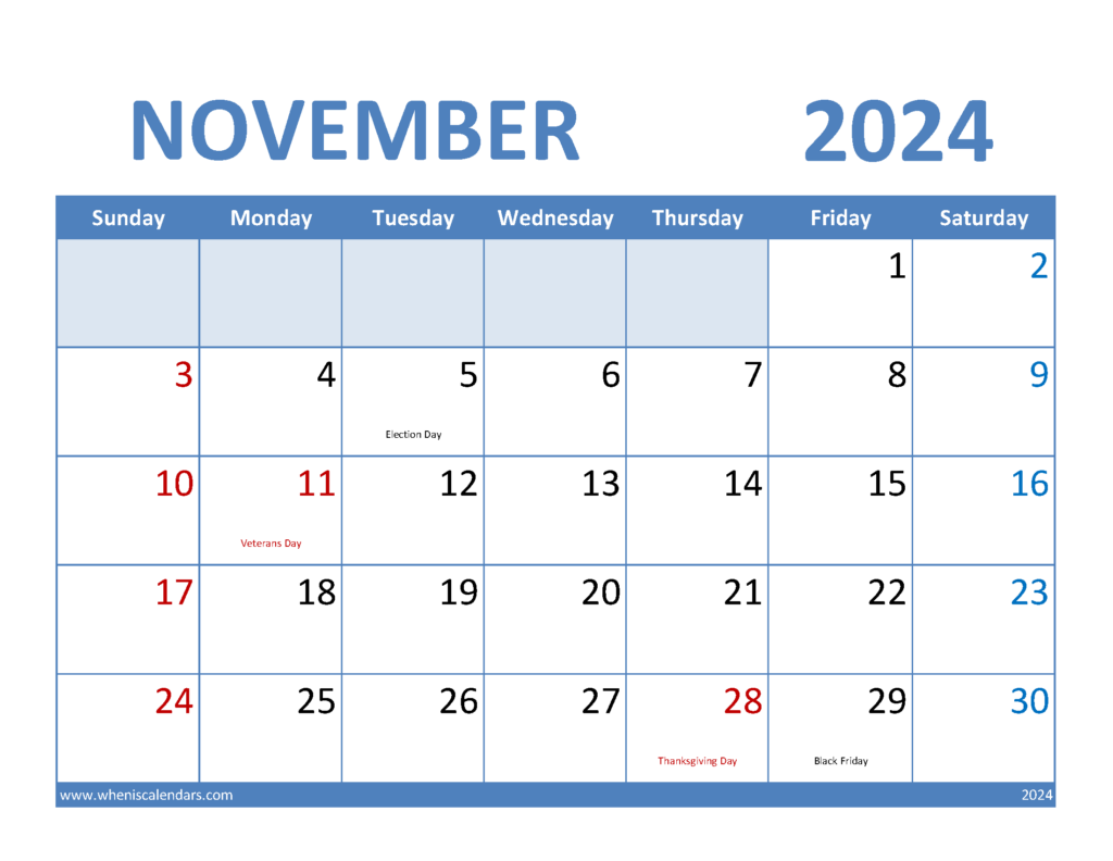 Download November 2024 monthly Calendar Printable Letter Horizontal 114068