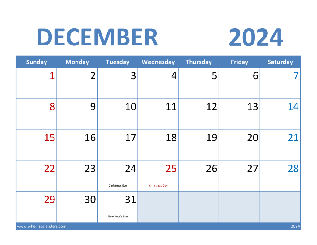 Download December 2024 monthly Calendar Printable Letter Horizontal 124068