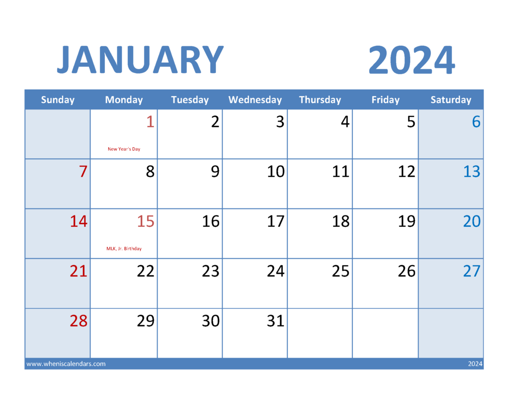 Download 2024 January Calendar Template Letter Horizontal J4069