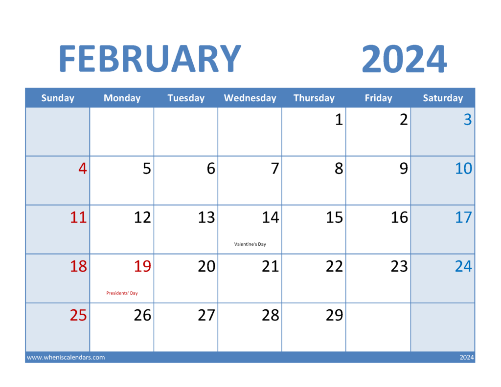Download 2024 February Calendar Template Letter Horizontal 24069