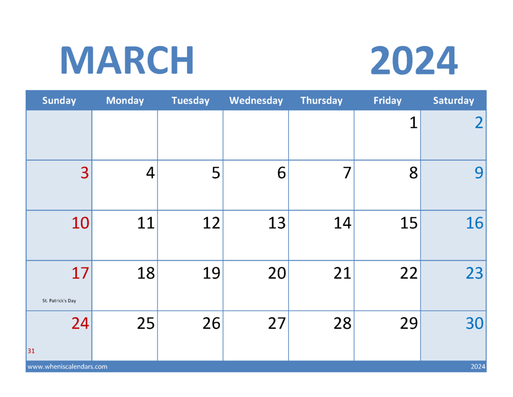 Download 2024 March Calendar Template Letter Horizontal 34069