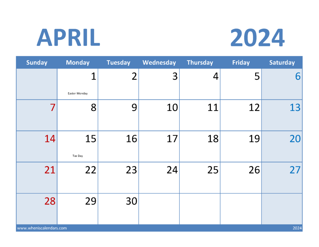 Download 2024 April Calendar Template Letter Horizontal 44069