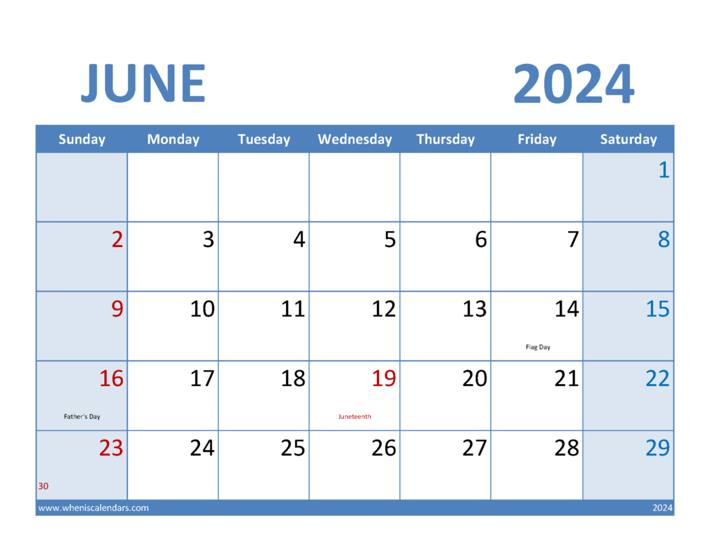 Download 2024 June Calendar Template Letter Horizontal 64069