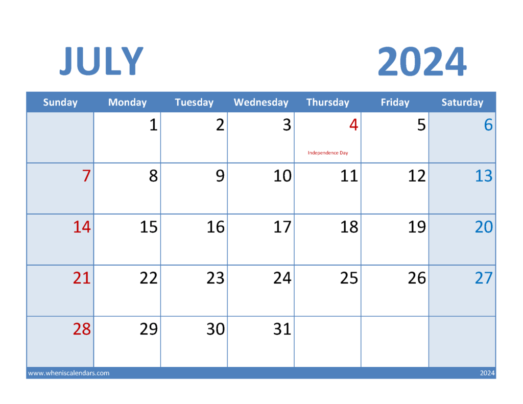Download 2024 July Calendar Template Letter Horizontal 74069