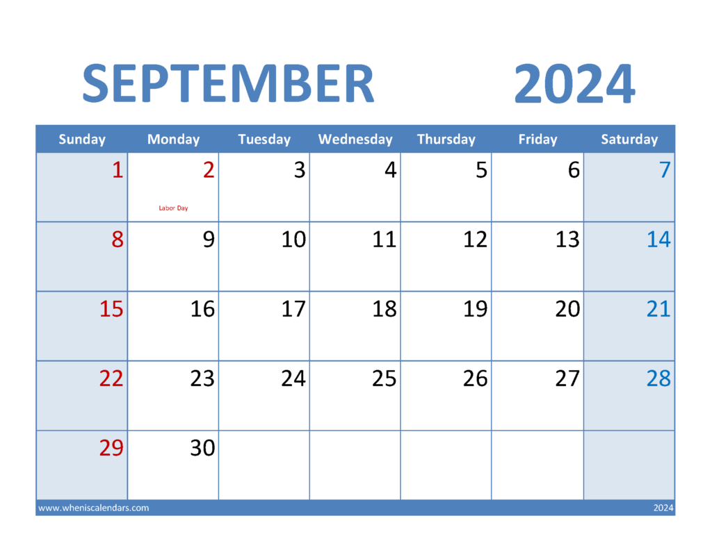 Download 2024 September Calendar Template Letter Horizontal 94069