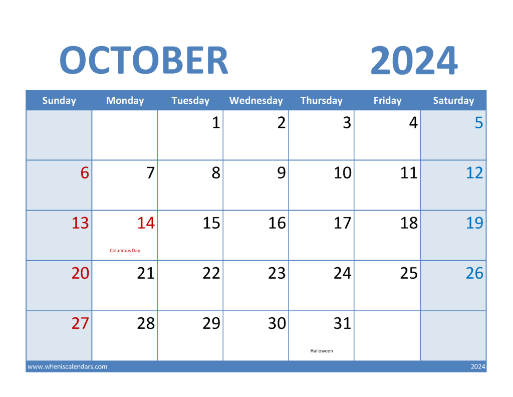Download 2024 October Calendar Template Letter Horizontal 104069