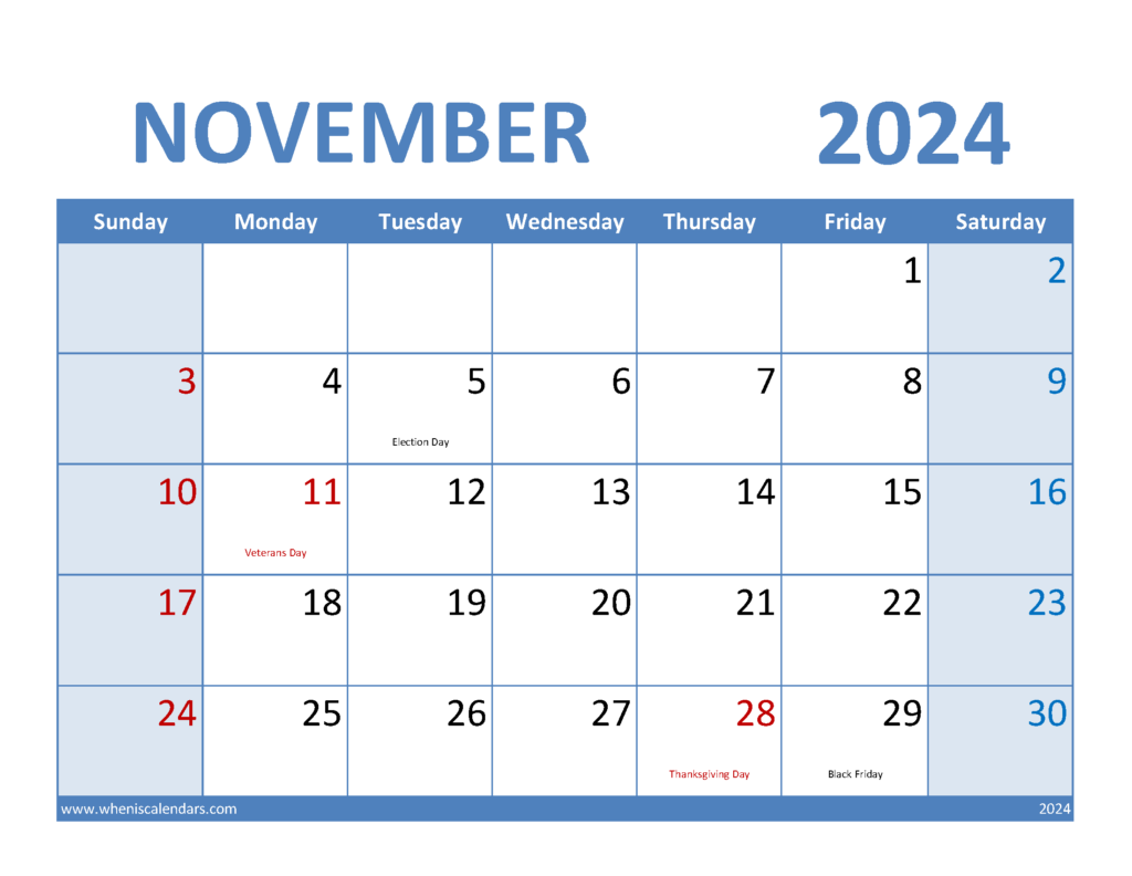 Download 2024 November Calendar Template Letter Horizontal 114069