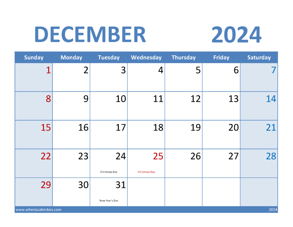 Download 2024 December Calendar Template Letter Horizontal 124069