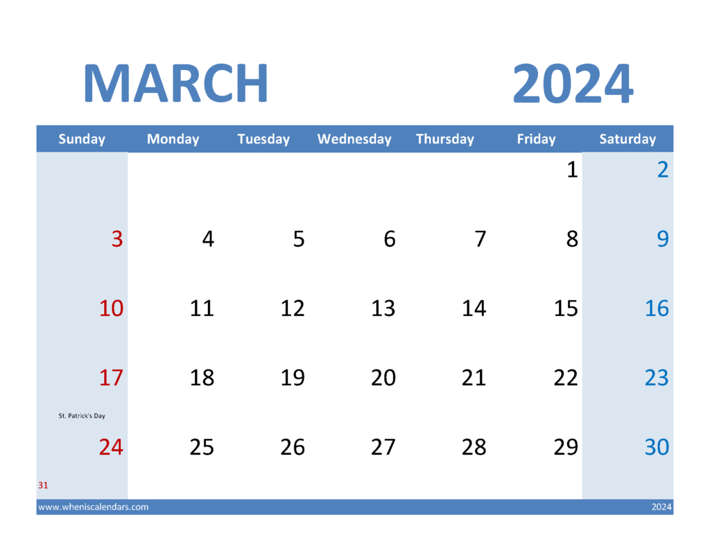 Download Blank Calendar Template March 2024 Letter Horizontal 34070