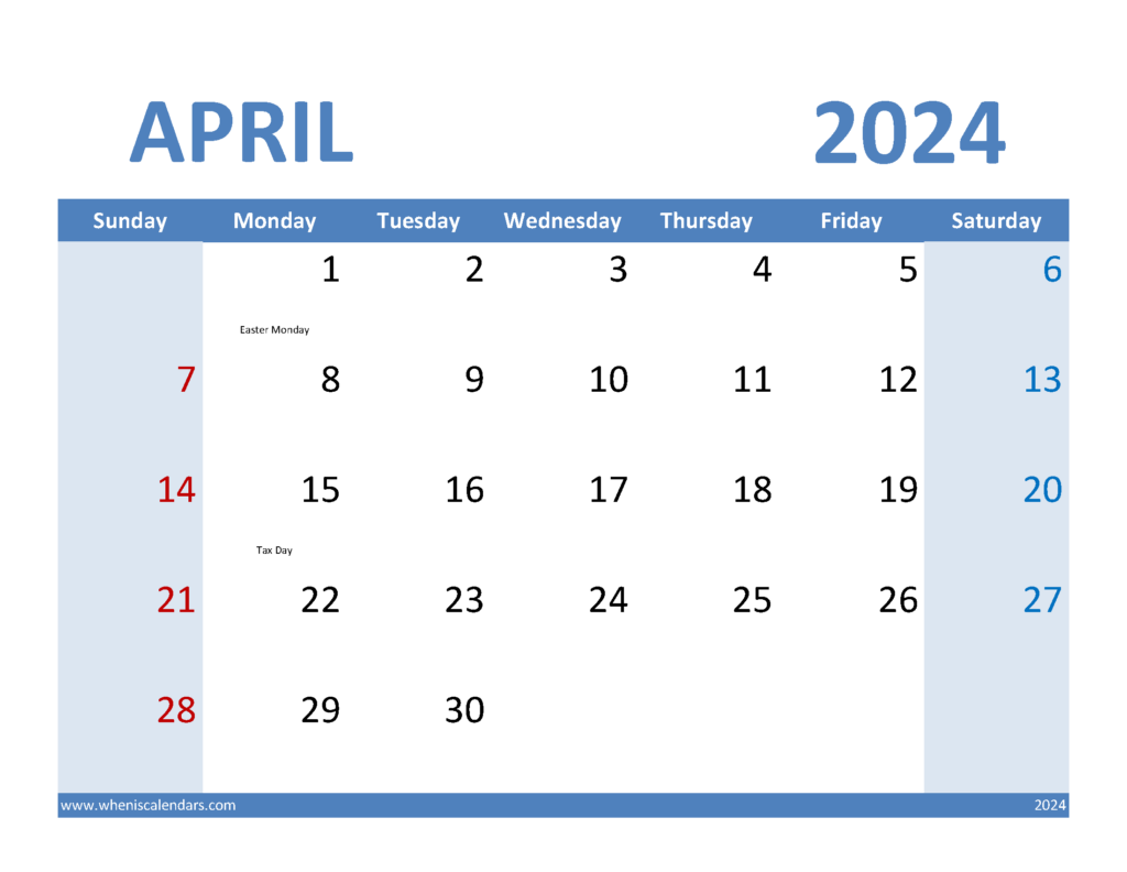 Download Blank Calendar Template April 2024 Letter Horizontal 44070