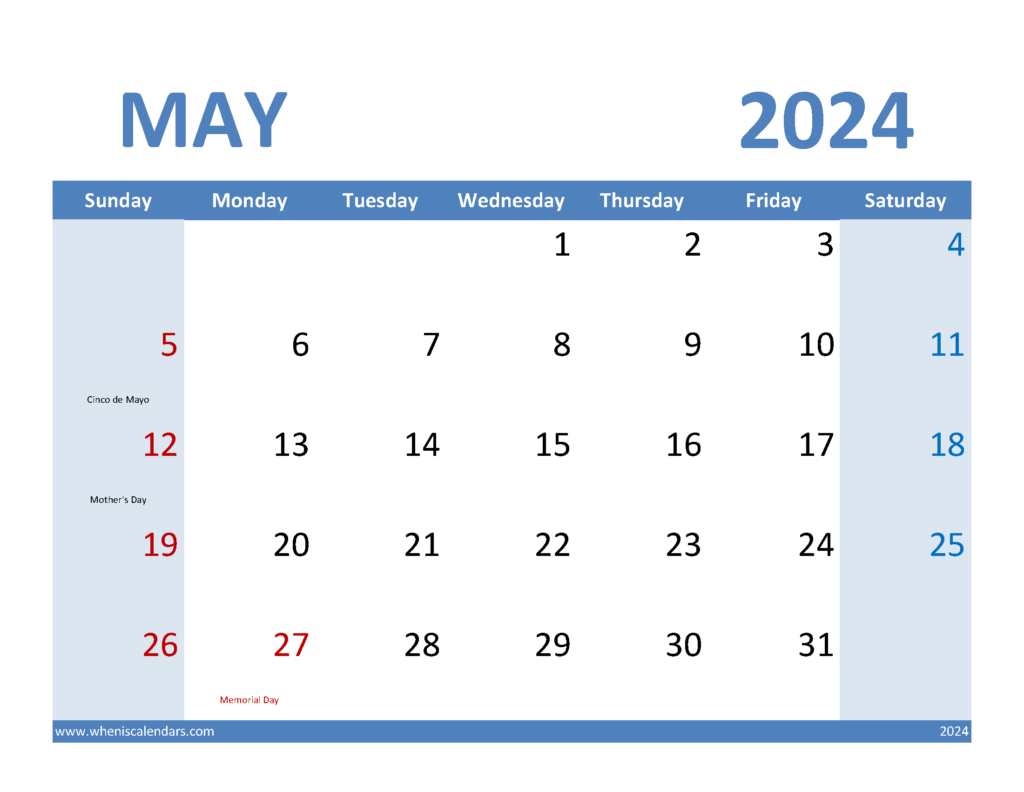 Download Blank Calendar Template May 2024 Letter Horizontal 54070