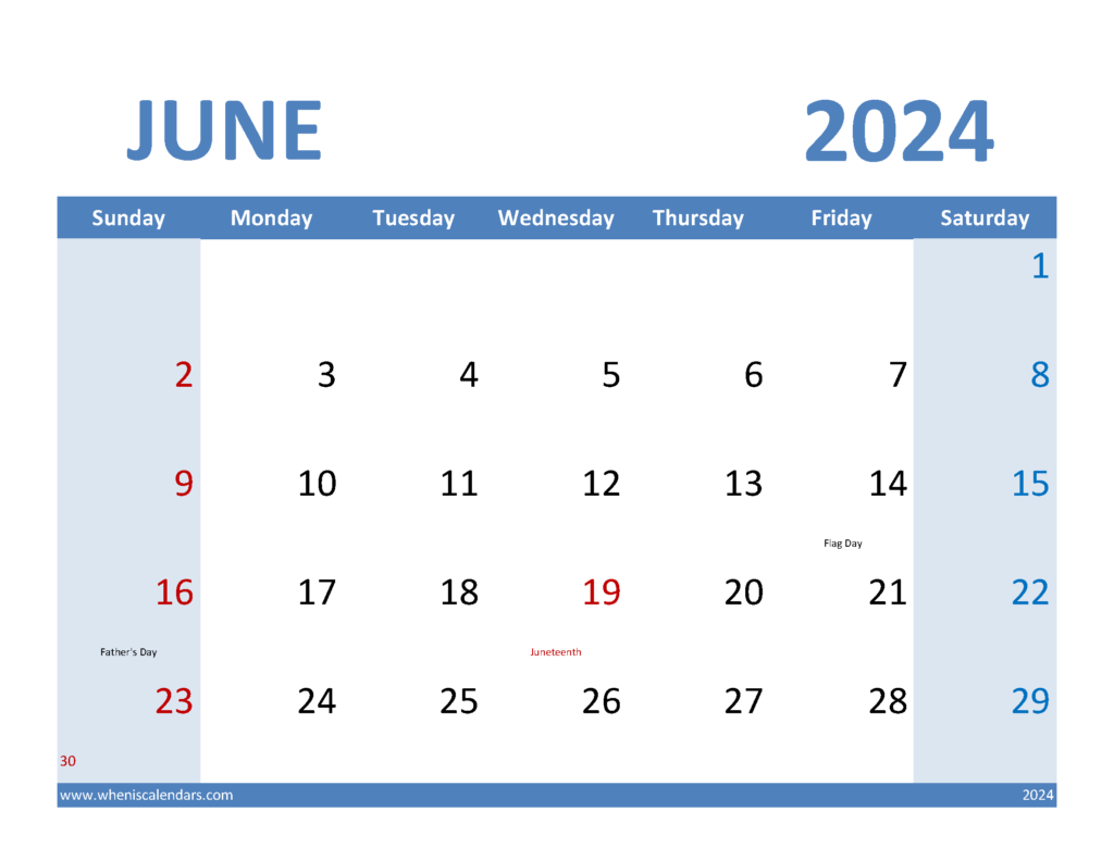 Download Blank Calendar Template June 2024 Letter Horizontal 64070