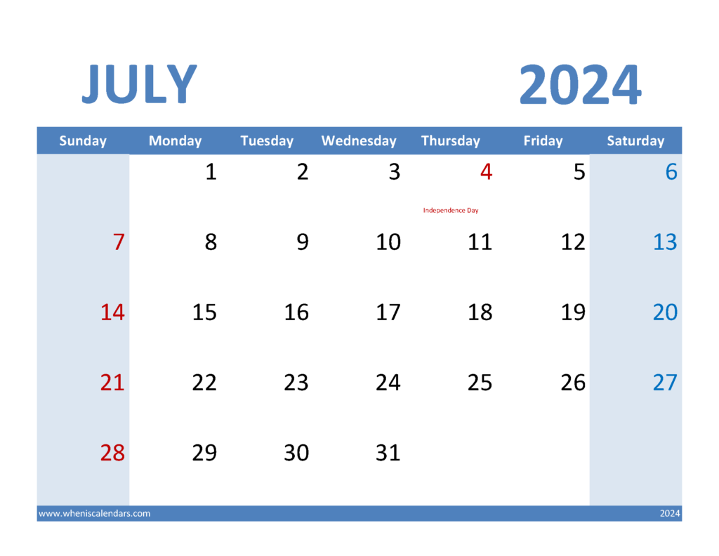 Download Blank Calendar Template July 2024 Letter Horizontal 74070