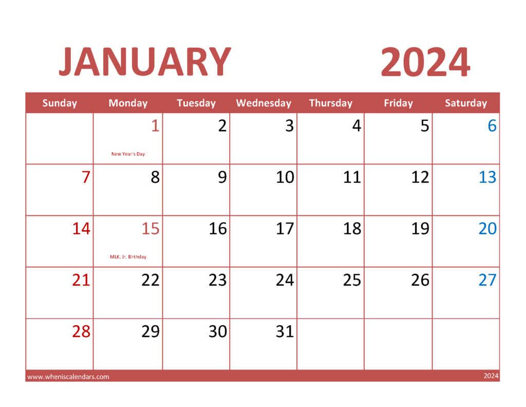 Download Free Printable Jan 2024 Calendar Letter Horizontal J4071
