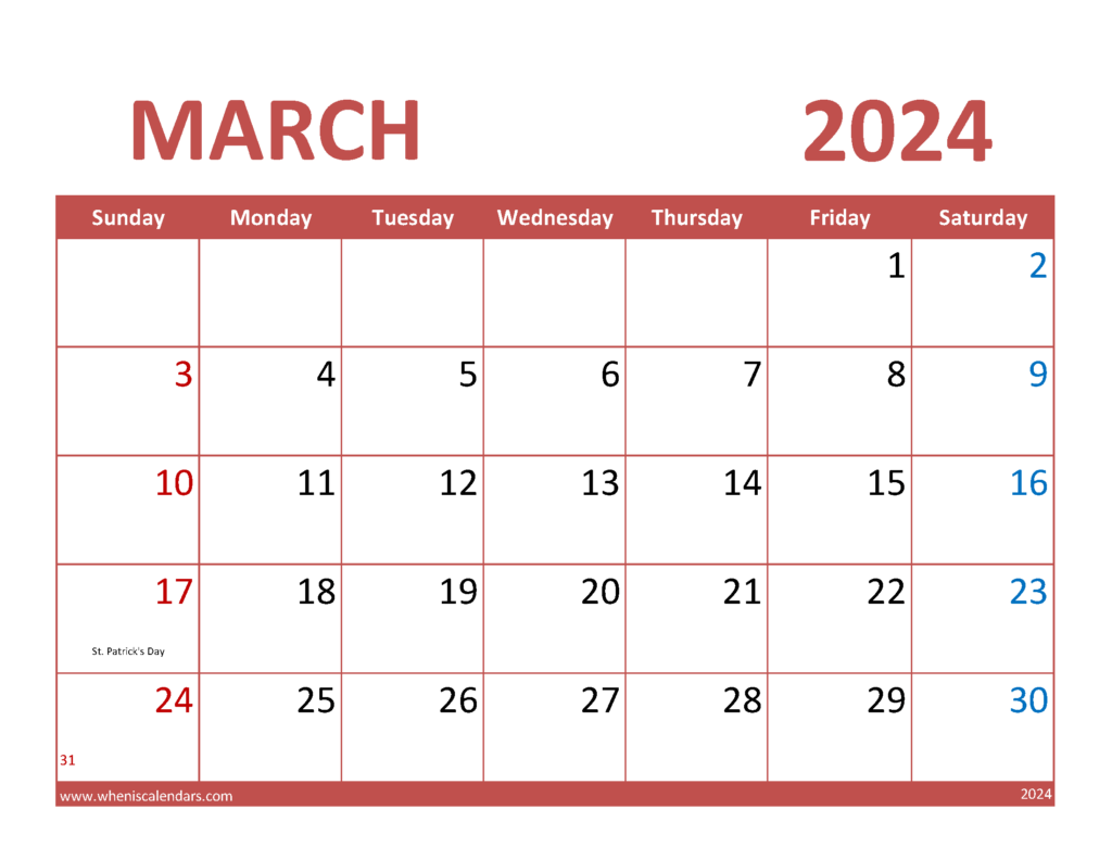 Download Free Printable Mar 2024 Calendar Letter Horizontal 34071