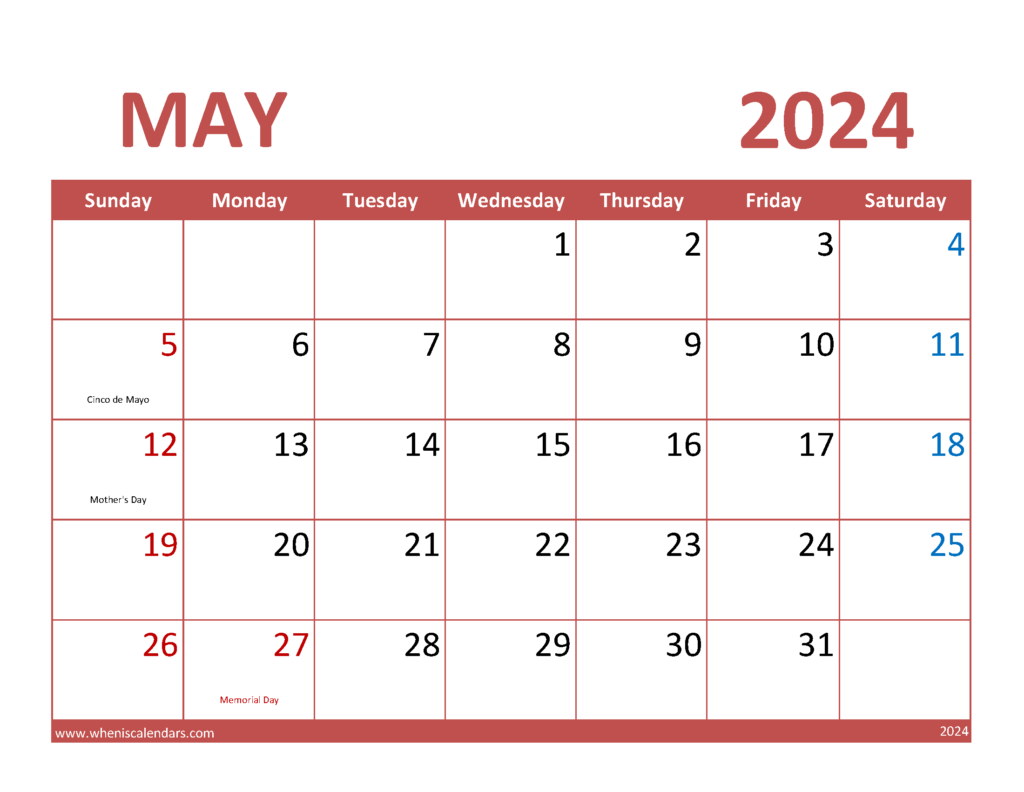Download Free Printable May 2024 Calendar Letter Horizontal 54071