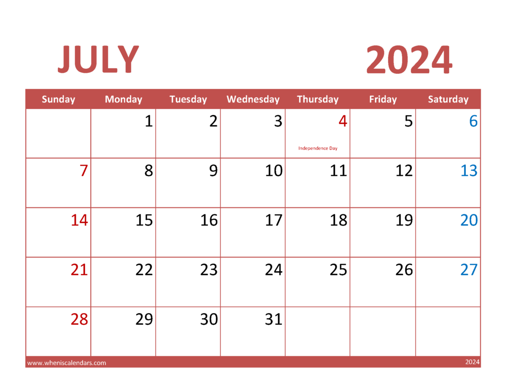 Download Free Printable Jul 2024 Calendar Letter Horizontal 74071