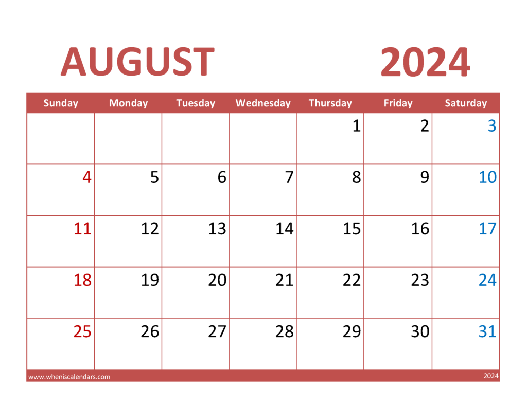 Download Free Printable Aug 2024 Calendar Letter Horizontal 84071