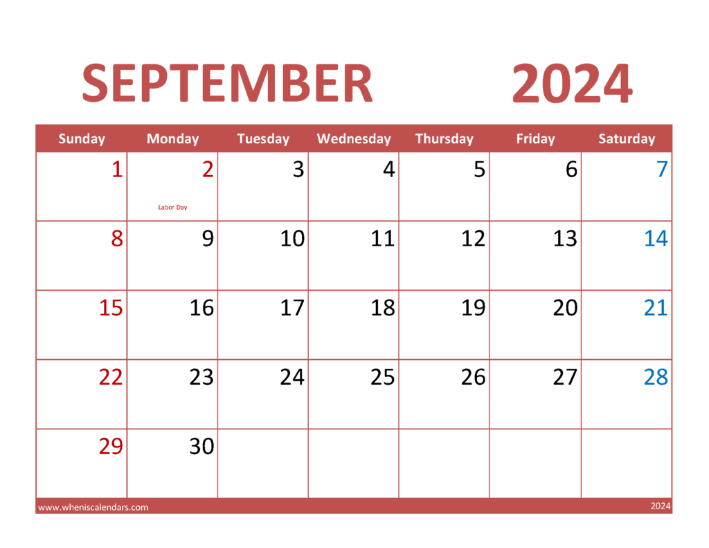 Download Free Printable Sept 2024 Calendar Letter Horizontal 94071